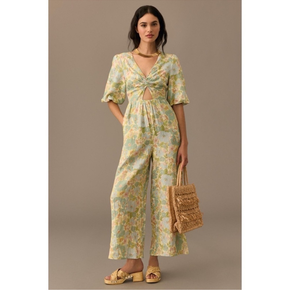 NWT Free people Floral Twist Front Cutout Jumpsuit V-neck Green Sancia Size S